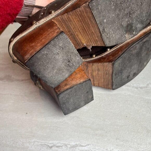 ** Vintage 90s Y2K Leather Lace up Chunky Wooden Clog Heels Size 6 - Picture 11 of 12